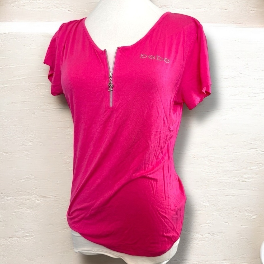 Bebe Pink Zippered Women's Top T-Shirt Y2K rhinestone M